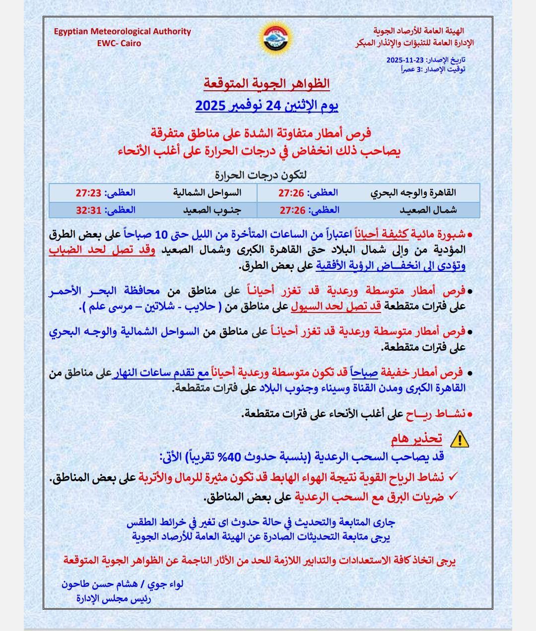 الأرصاد توجه تحذير عاجل للمواطنين من طقس اليوم الاثنين 24 نوفمبر 2025