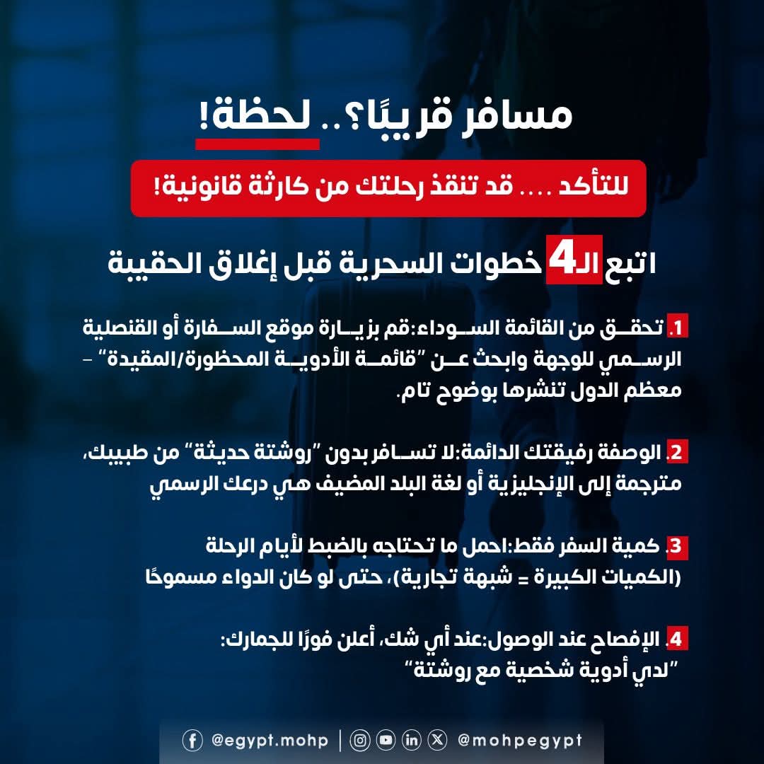 تحذير عاجل من الصحة بخصوص أدوية تعرضك لمشكلة القانونية أثناء سفرك